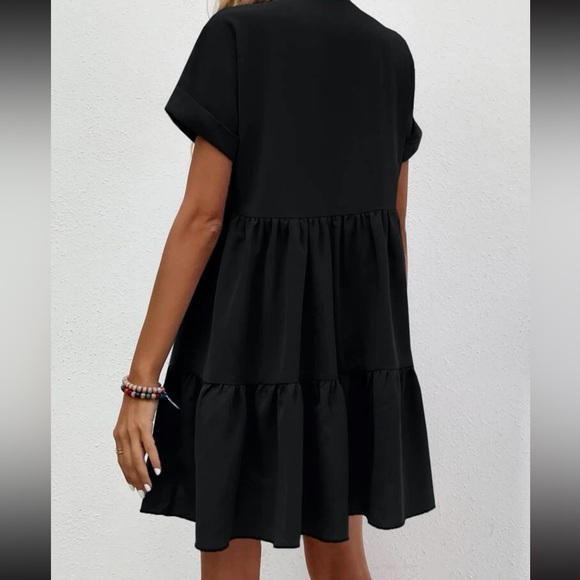 Frenchy Roll Cuff Ruffle Hem Solid Black Short Dress - Picture 2 of 2